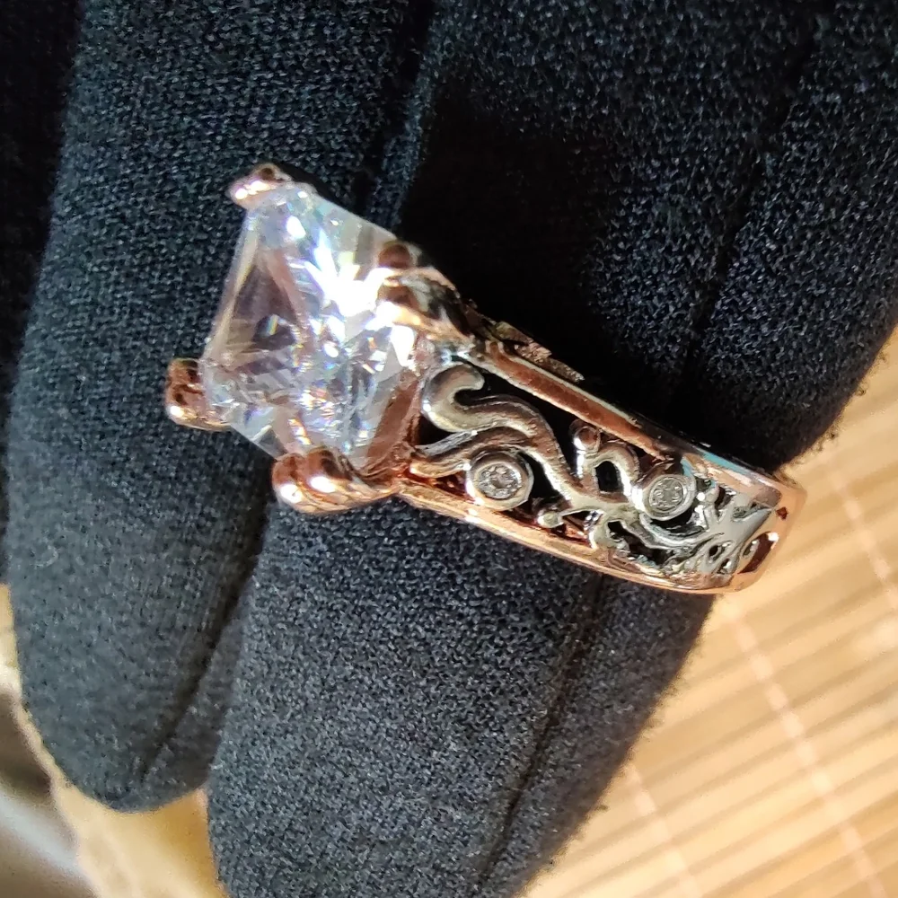 CZ ring. Rose gold and silver toned filigree. Size 8 - Picture 6 of 13